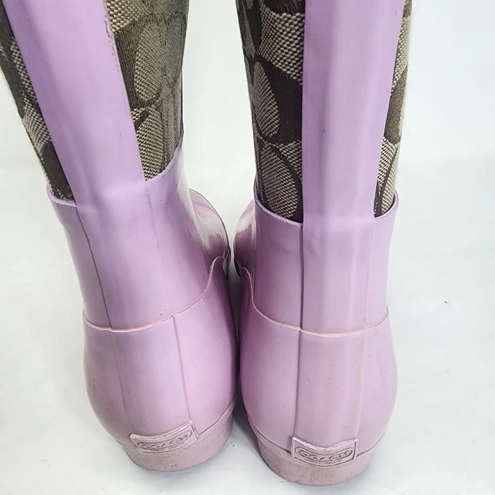 Coach Pink Rain Boots 8B tan Signature Monogram Canvas